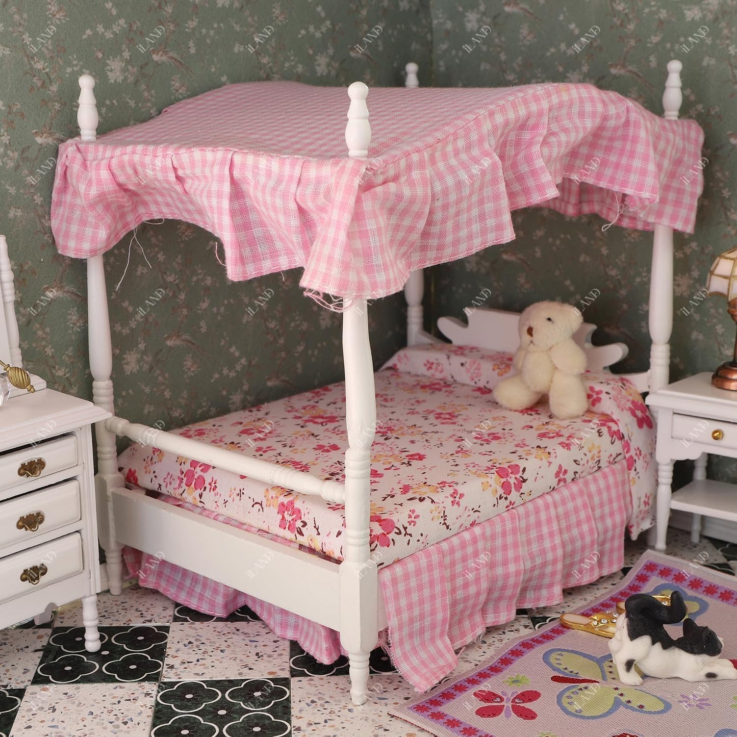 iLAND Dollhouse Furniture Bedroom Set Doll House Mini Bed for Dolls Wooden Miniature Furniture with 1 12 Scale Accessories Pink Dollhouse Accessories Decor