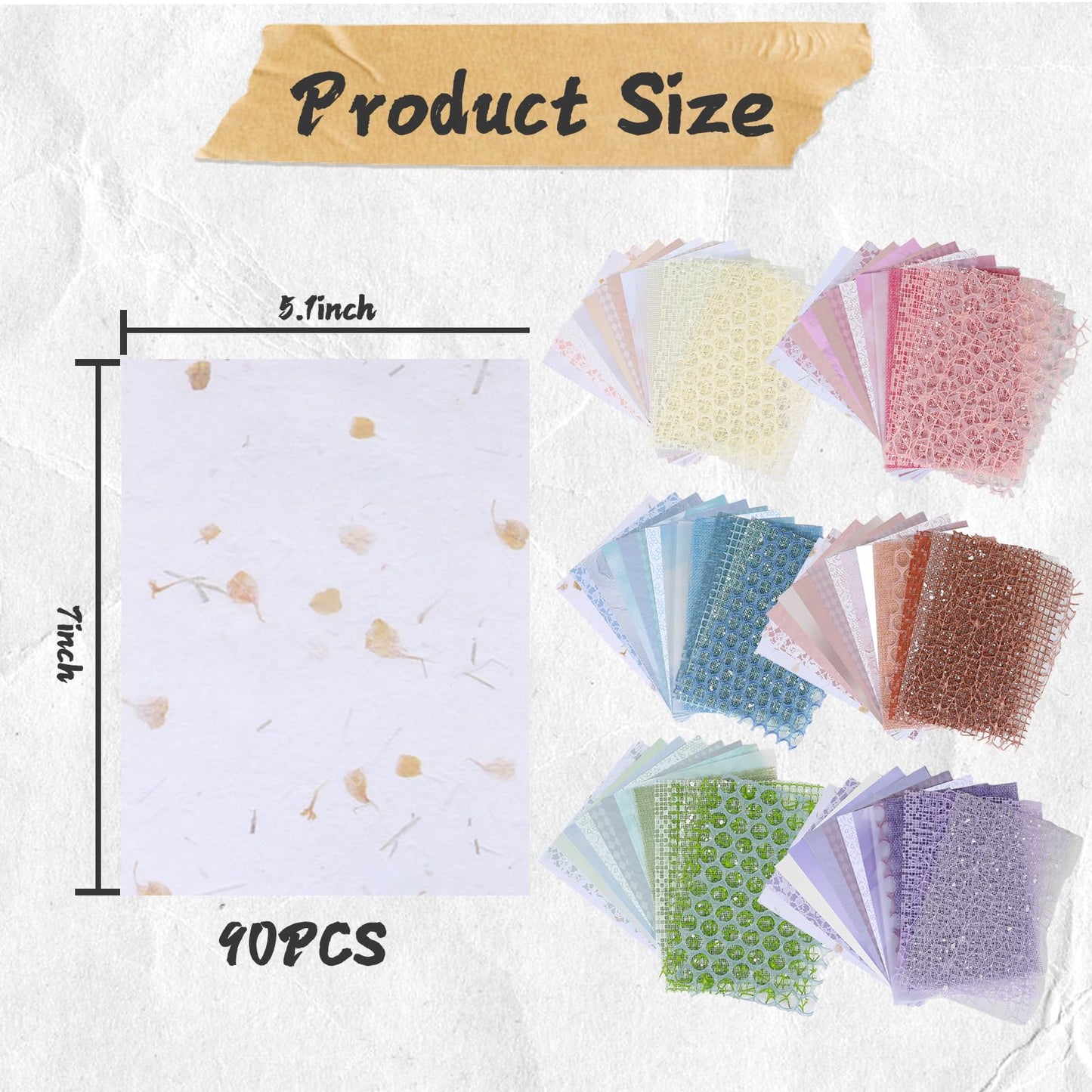 90 Sheets Textured Scrapbook Paper with Decor Mesh Fabric Creative Kit - 6 Pack Mixed Media Papers for Craft, Scrapbooking, Junk Journal, Card Making, Collage Art Supplies, 5.1 x 7 Inches