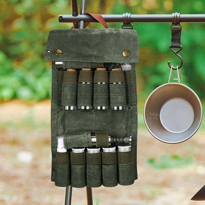 TOBWOLF Portable Spice Bag for Travel, Camping Spice Kit with 8 Jars, 2 Salt/Pepper Grinders, 1 Oil Spray, Foldable Canvas Seasoning Storage Bag, Condiment Container Set for Outdoor Picnic BBQ - Green