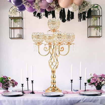 Elegant 5-Arm Candelabra Centerpiece - 23.6 Inch Tall with Crystal Pendants for Weddings & Home Decor