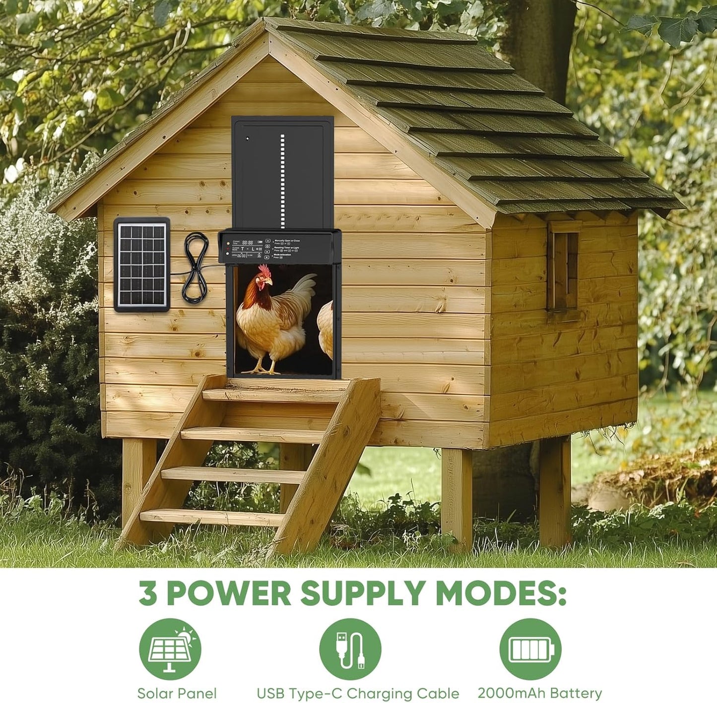 Bainianhhg 4 Anti-Pinch Automatic Chicken Coop Door Solar Powered with Timer & Light Sensor Modes Aluminum Waterproof