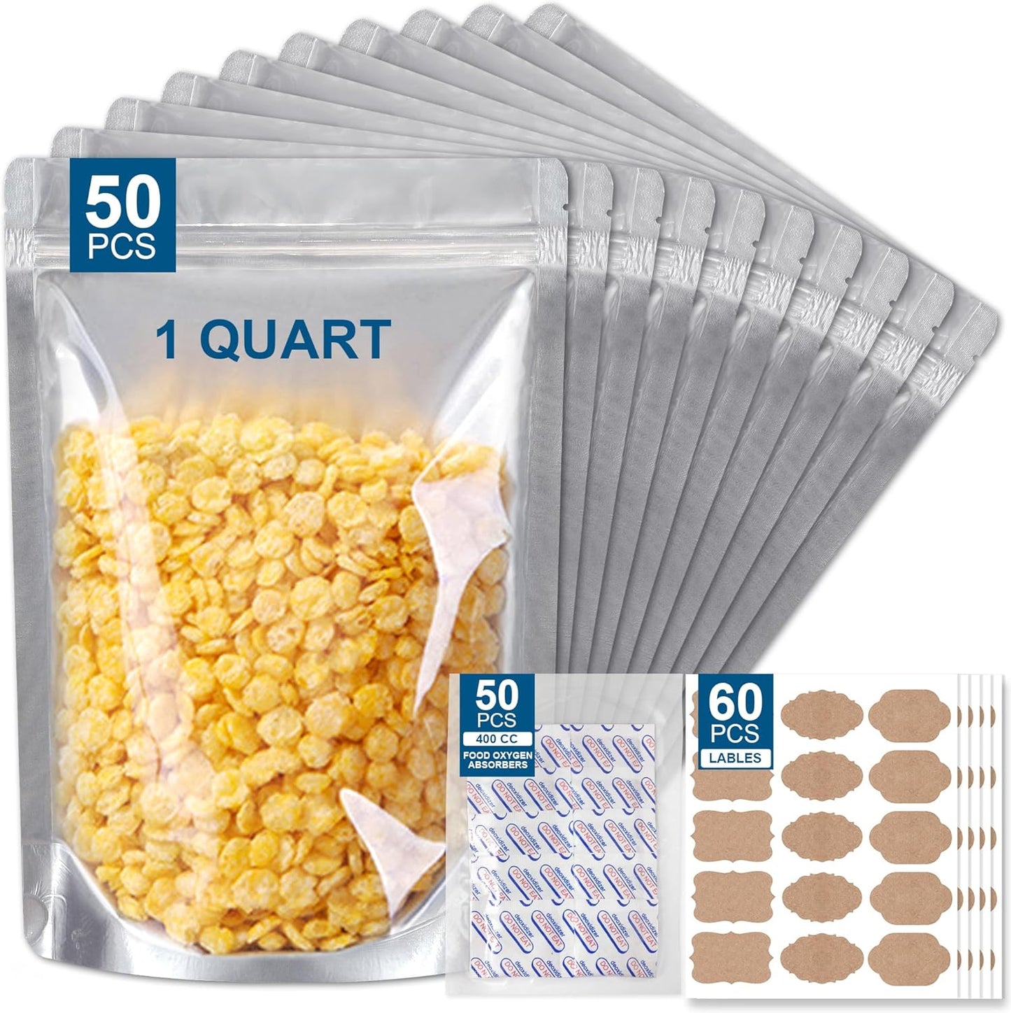 50 Packs Window,1 QUART(9.44 7"x 10") 400CC Mylar Bags for Food Storage with Clear Mil, Reusable Mylar Bags with Oxygen