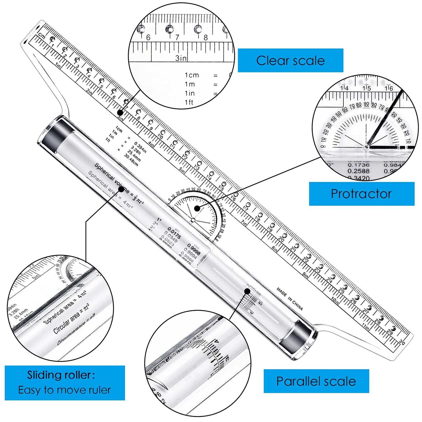 Frienda 2 Pieces Plastic Measuring Rolling Ruler Drawing Parallel Multifunctional Drafting Ruler for Architect Office Math(6 Inch, 12 Inch)