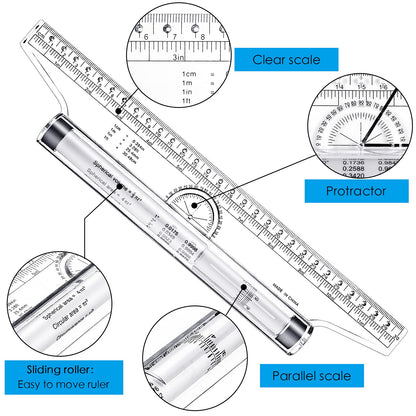 Frienda 2 Pieces Plastic Measuring Rolling Ruler Drawing Parallel Multifunctional Drafting Ruler for Architect Office Math(6 Inch, 12 Inch)