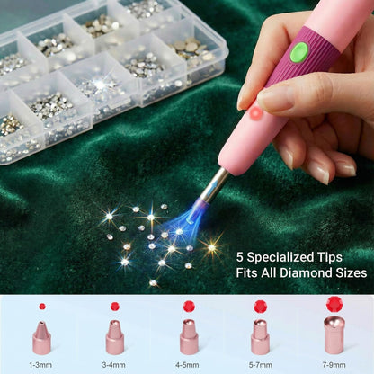 PP OPOUNT Hotfix Rhinestone Setter - Bedazzler Kit with Rhinestones for Clothes, Crafts, Shoes & T-Shirts, DIY Bedazzling Kit with 5 Different Tip Sizes, Stand, Glove, Cleaning Brush, Tray (Pink)