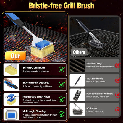 Skiennix Grill Brush - Bristle-Free BBQ Cleaner with Extended Handle & Scraper | Safe for Cast Iron & Stainless Steel Grates - Blue