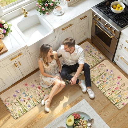 KIMODE Kitchen Anti Fatigue Mats, Farmhouse Flower Kitchen Rugs Sets of 2, Memory Foam Kitchen Mats for Floor, Waterproof Non Skid Standing Mats for Sink Laundry Office Desk Brown 20"x71"+20"x32"