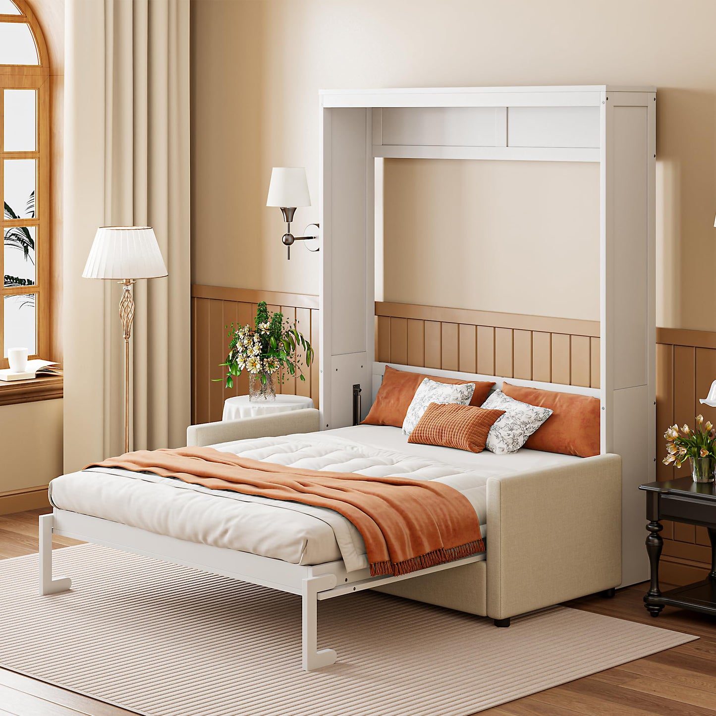Ball & Cast Murphy Bed Full Size Wall Bed with Sofa,can be Folded,Multifunctional Wood Hideaway Cabinet Bed Frame,Slat Support,Save Space,for Apartment,Guest Room,White