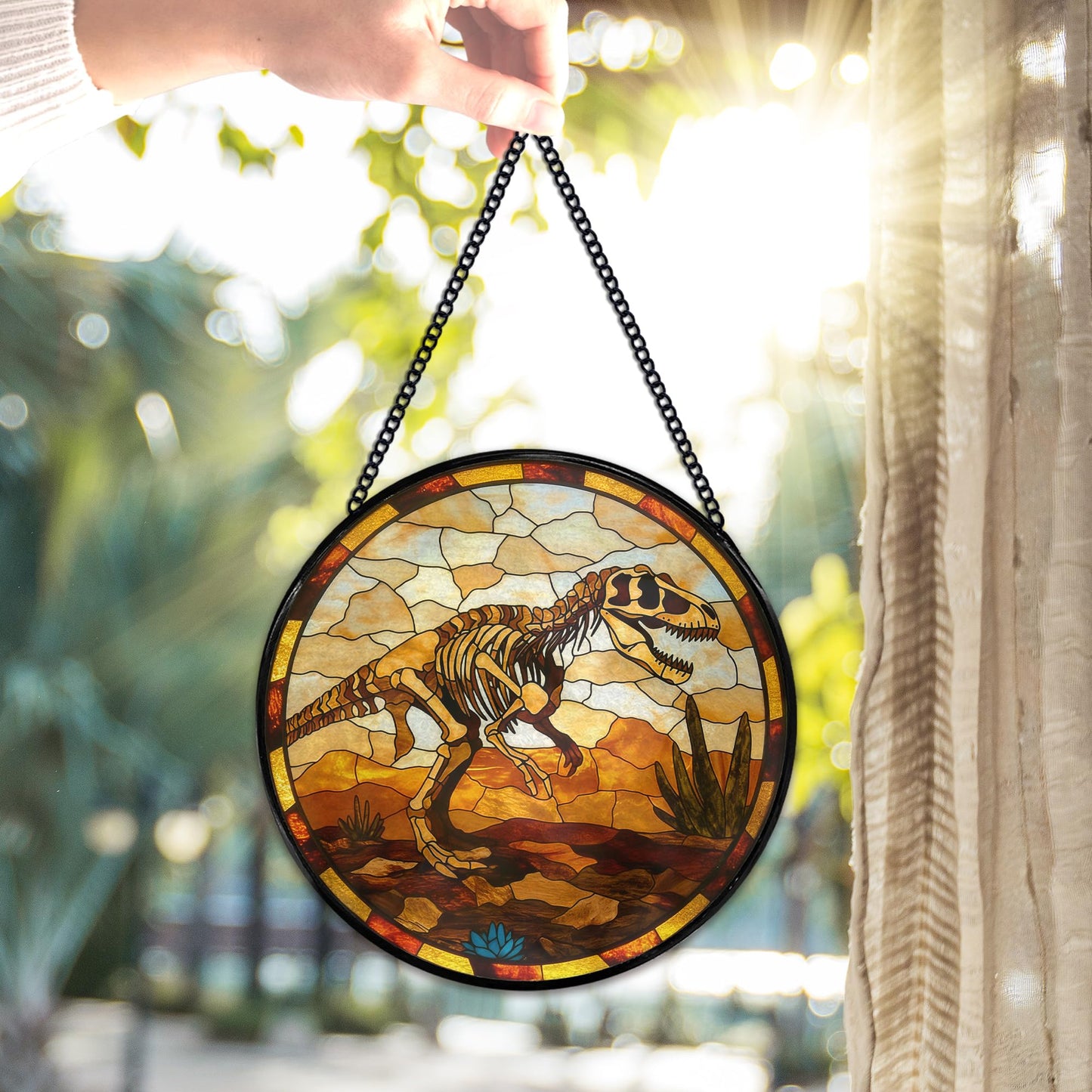 Hiuwevt Dinosaur Skeleton Suncatcher Stained Glass Window Hanging, Prehistoric Dino Fossil Sun Catchers Indoor Window Glass Wall Art Decor, Dinosaur Round Wall Hanging Decorations, 7.9x7.9 inch