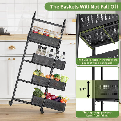 KINGRACK Slim Storage Cart with Drawer, 5-Tier Rolling Utility Cart on Wheels, Narrow Metal Cart for Space Save, Easy Assembly for Kitchen Cart, Craft Cart, Laundry, Bathroom, Nursery Organizer