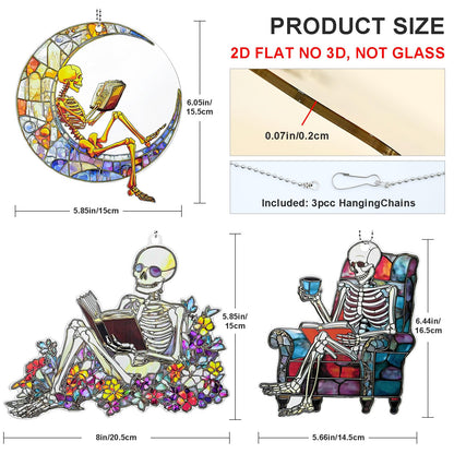 Skeleton Reading Ornament Acrylic Suncatcher Window Hanging Wall Decor for Indoor Outdoor Doors Home