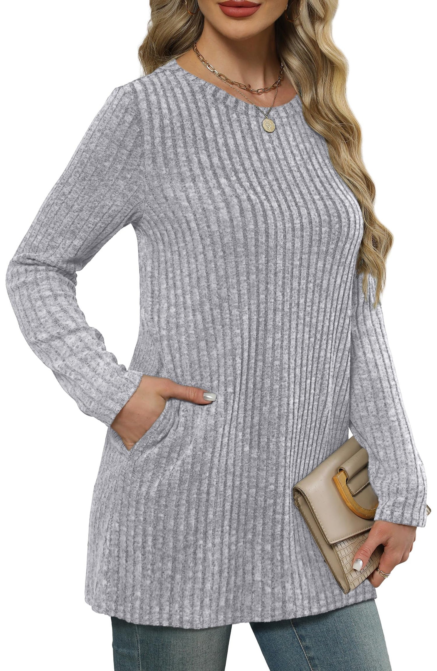 XIEERDUO Long Sleeve Shirts for Women Crewneck Tunic Tops Loose Fit Dressy Womens Sweaters with Pockets Fall Fashion 2025