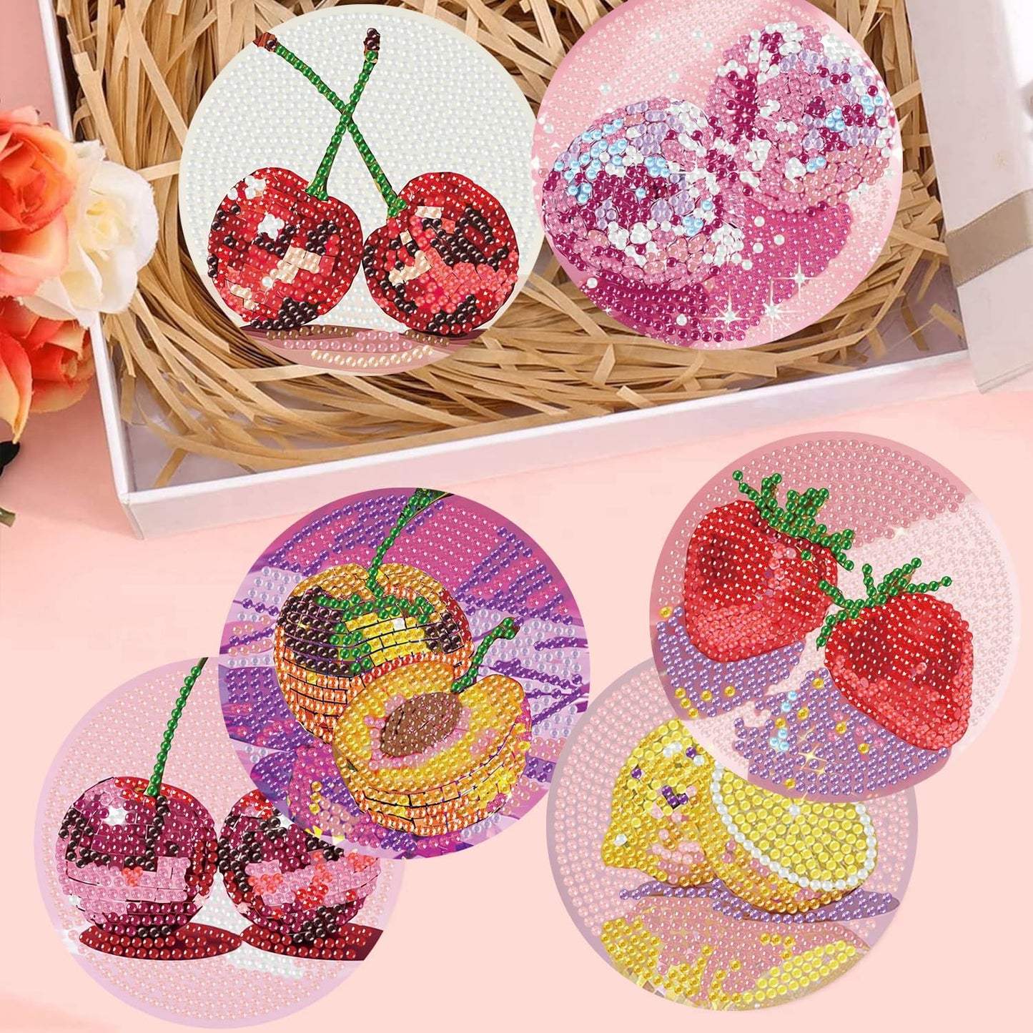 croshom Fruits Diamond Art Coasters Kits, 8 Pieces Diamond Painting Coasters with Holder, Diamonds Art Disco Ball Coaster Kits, 5D DIY Diamonds Arts Painting Kit for Adults Gift