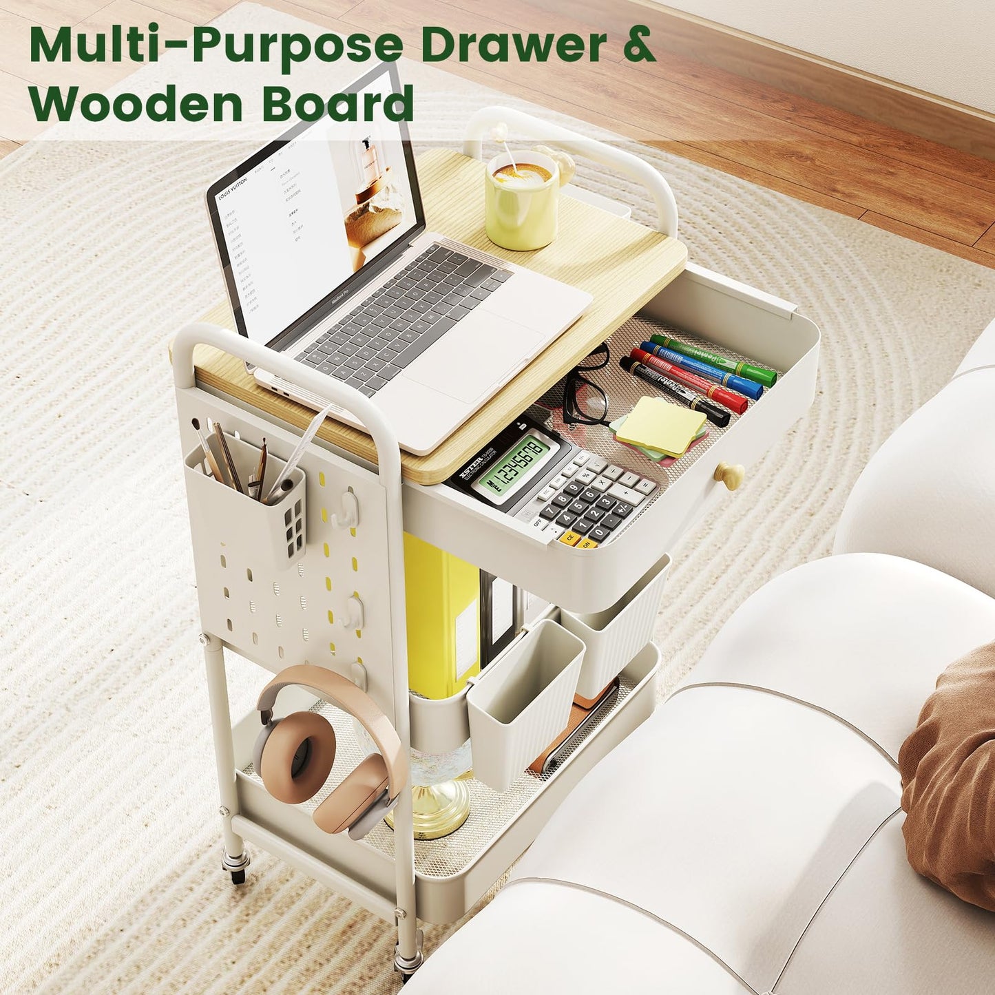 danpinera Rolling Utility Cart with Drawer, 3 Tier Rolling Cart with Wheels, Hooks & Hanging Cups, Craft Cart Art Cart Snack Cart Rolling Storage Cart with Wooden Table Top & DIY Pegboards, White