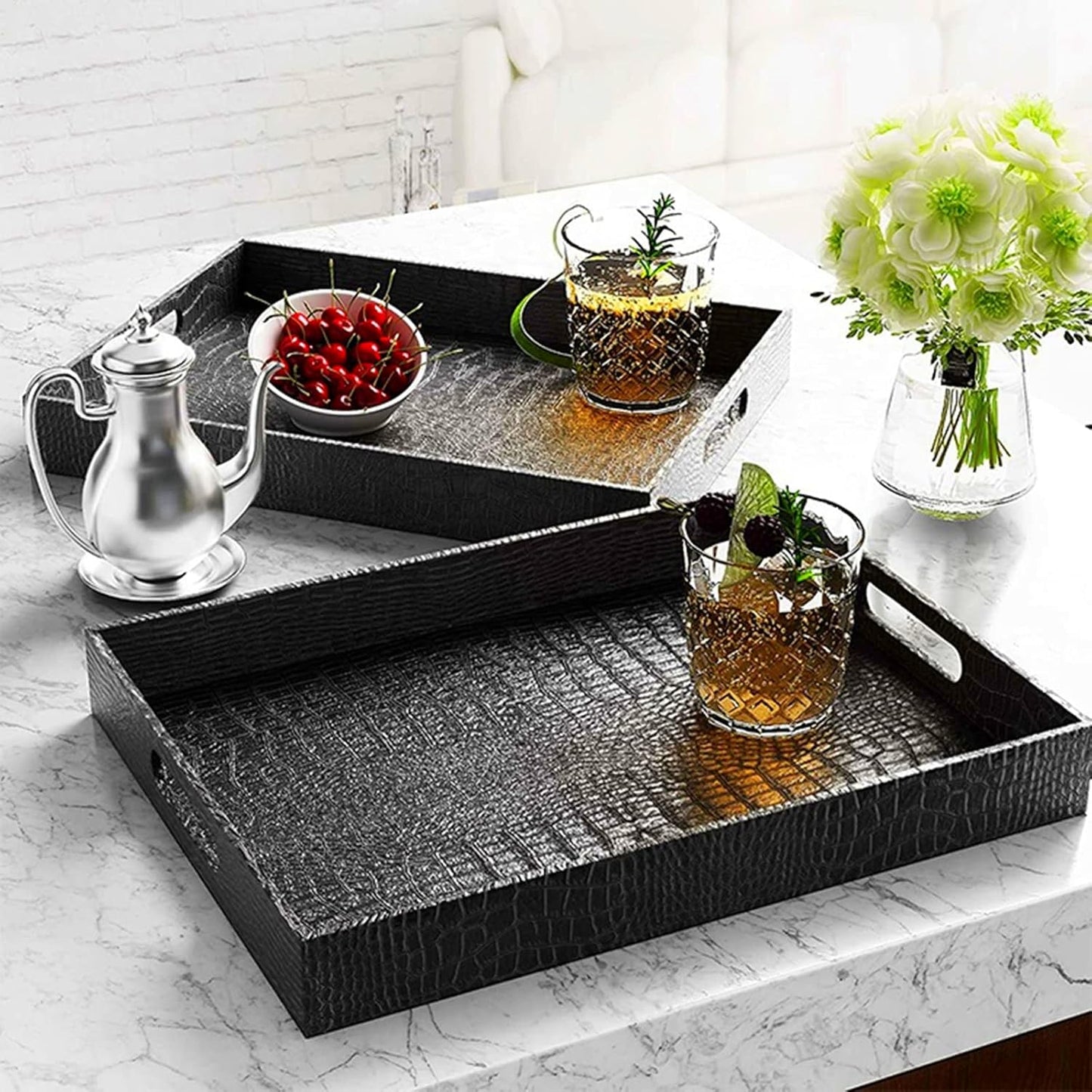 17x12 Inch Lyellfe Black Serving Tray with Handles, Decorative Ottoman Tray in Alligator Faux Leather, Rectangular