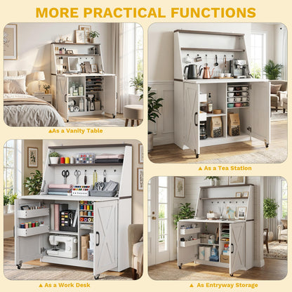DWVO Folding Sewing Table with Charging Station & Storage, Multi-Function Craft Desk with Lockable Wheels, Magnetic Doors & Hidden Storage