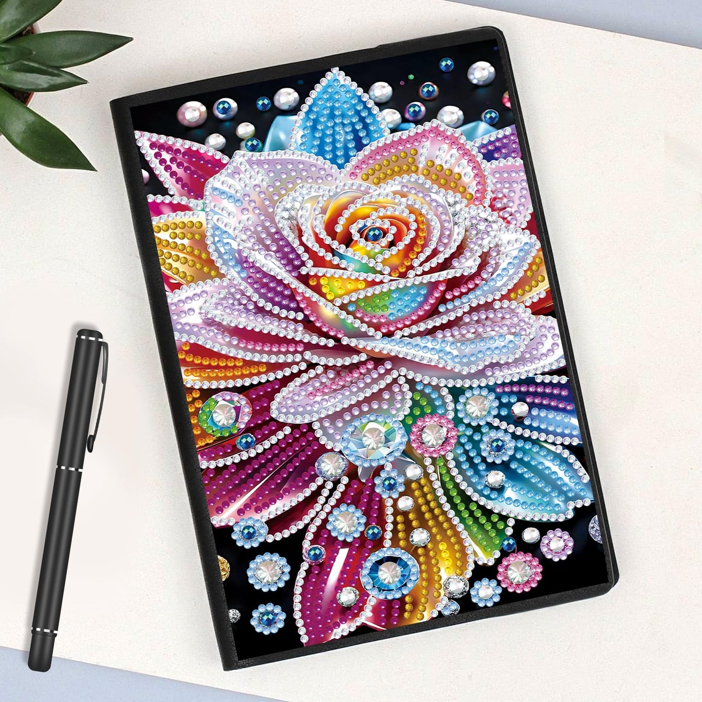 JISHSHAY Flower Diamond Art Notebook Journal Flower Diamond Painting Note Book Gem Art Sketchbook Mosaic Kits for Adults Diary Gem Painting Leather Journal Blank Notebook with Special Shaped Drills A5