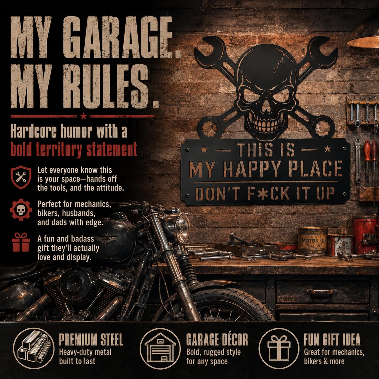 YXESO This Is My Happy Place Sign, 12 in Funny Black Metal Garage Metal Wall Art Sign with Skull & Wrench Design for Man Cave, Workshop, Tool Shed, Home Bar, Mechanic Dad Decor