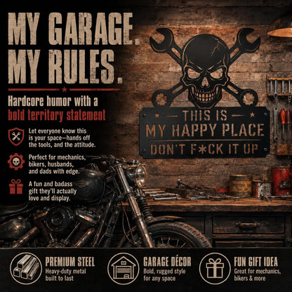 YXESO This Is My Happy Place Sign, 12 in Funny Black Metal Garage Metal Wall Art Sign with Skull & Wrench Design for Man Cave, Workshop, Tool Shed, Home Bar, Mechanic Dad Decor