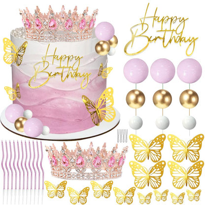 AMZVALU Crown Cake Topper, Happy Birthday Cake Toppers Pink Crown Balls Candles Gold Butterflies, Corona Para Pastel, Cake Decorations for Women Princess Queen Birthday Party Wedding (Rose Gold)