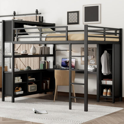 Queen Loft Bed Frame with Wardrobe and Storage Cubes, Queen Size Loft Bed with Desk and Storage Shelf, Heavy Duty Loft Beds with Guardrail, Noise Free Design, Adult Loft Bed Frame, Black