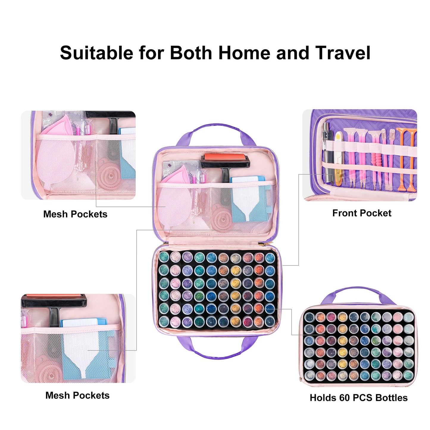 Leudes Diamond Painting Storage Containers, 60 Slots Bead Storage Box for Diamond Art Kits Accessories Organizer Case (Only Bottles and Bag) (Purple-2(60 Jars))
