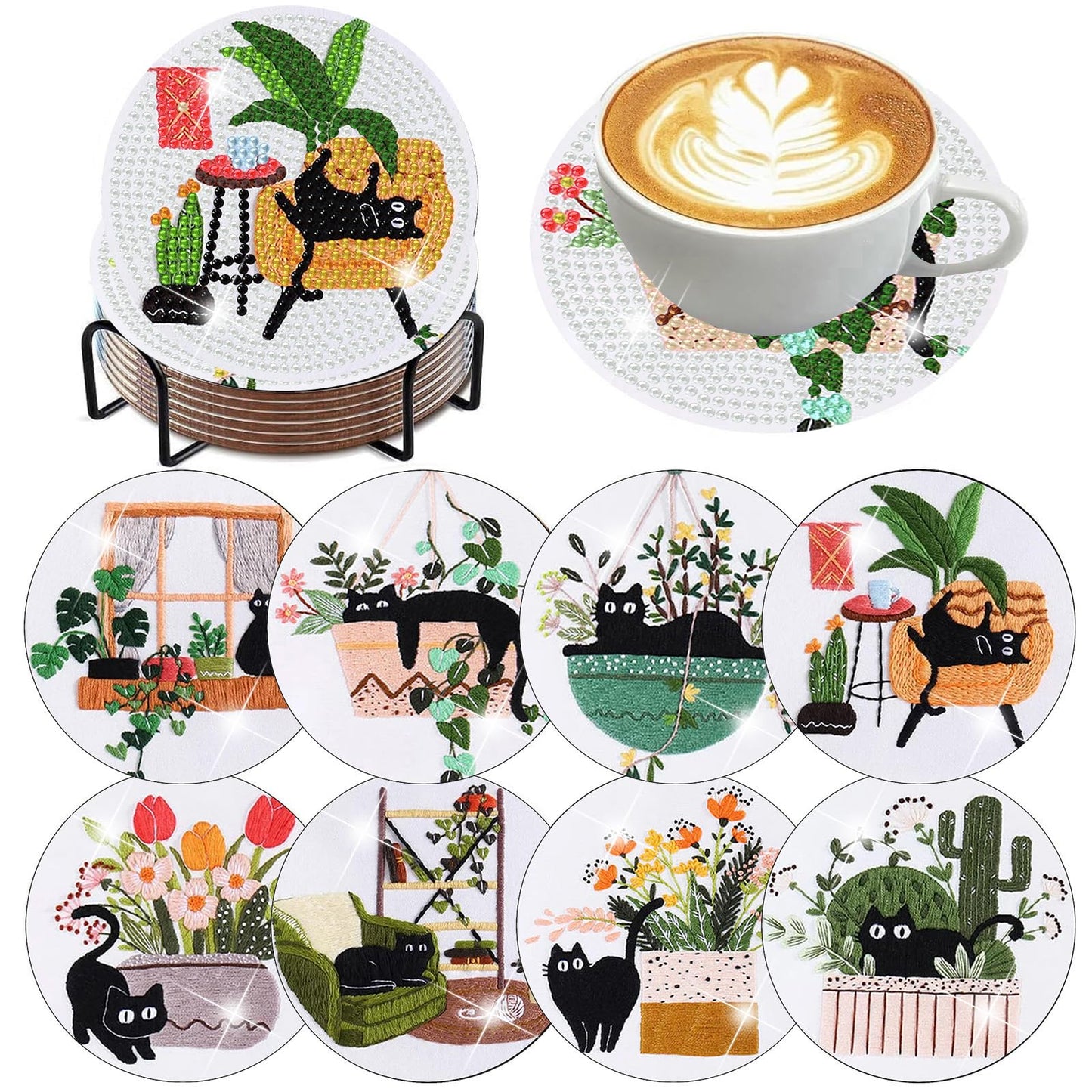 8 PCS Diamond Art Coasters Kits Black Cat Diamond Painting Coaster Kits Diamond Coasters with Holder Cork Pads Gem Art Dots Paintings Crafts Supplies for Adults Beginners