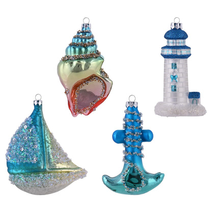 Valery Madelyn Glass Christmas Ornaments Set, 4ct Light Blue and Silver Blown Glass Christmas Tree Decorations, Summer Beach Coastal Ocean Nautical Marine Xmas Hanging Finial Balls Bulk Holiday Decor