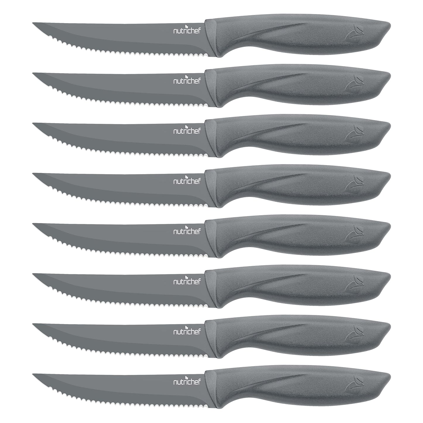 SereneLife Stainless Steel Knife Set, 8 Pcs. - Non-Stick Coating, Sharp Serrated Blades, Professional Kitchen Set, Rust-Resistant, Dishwasher Safe, Ideal for BBQ & Grilling, Gray