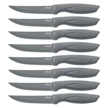SereneLife Stainless Steel Knife Set, 8 Pcs. - Non-Stick Coating, Sharp Serrated Blades, Professional Kitchen Set, Rust-Resistant, Dishwasher Safe, Ideal for BBQ & Grilling, Gray