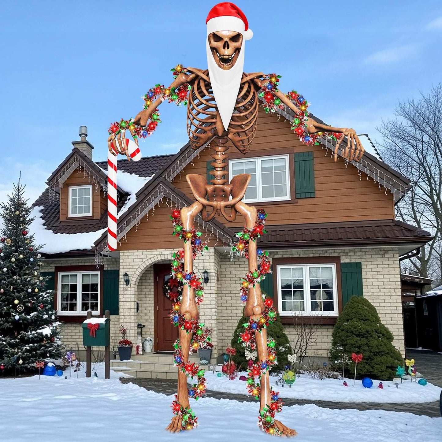 JcHrmers 4 Pcs Christmas 12 ft Skeleton Santa Costume Accessories Including Giant Santa Hat Top Long Beard Inflatable Candy Cane 16.4FT Christmas Tinsel Garland for Xtmas Outdoor Decor