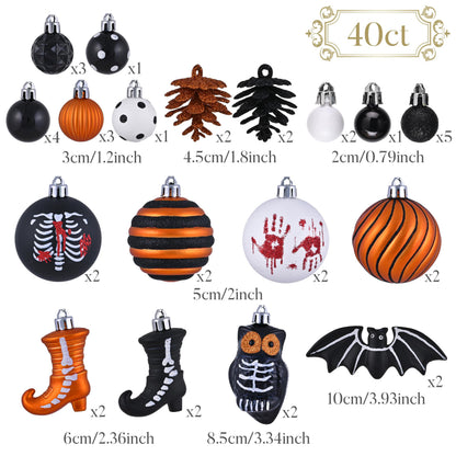 Valery Madelyn Halloween Ornaments Tree Decorations Indoor, 40ct Medium Set Variety Shatterproof Scary Skeletons Owl Bats Hanging Ball Ornaments Set for Small Tree, Spooky Holiday Party Home Decor