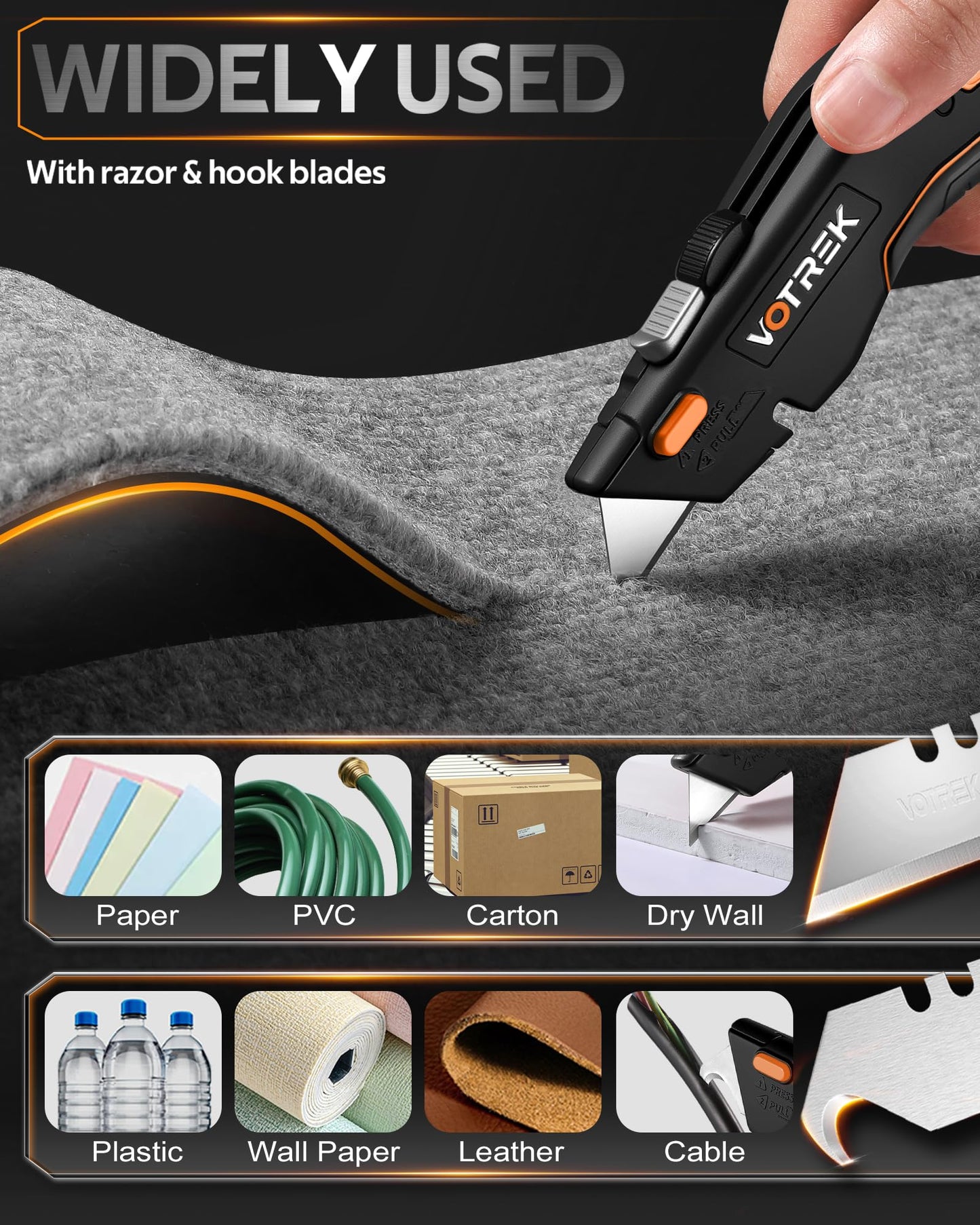 VOTREK® Box Cutter Utility Knife, [2-in-1] Retractable Box Cutter, with Blade Storage, Safety All Metal Heavy Duty Sharp Razor Knife for Home & Warehouse Cardboard, Carton, with Extra Blades