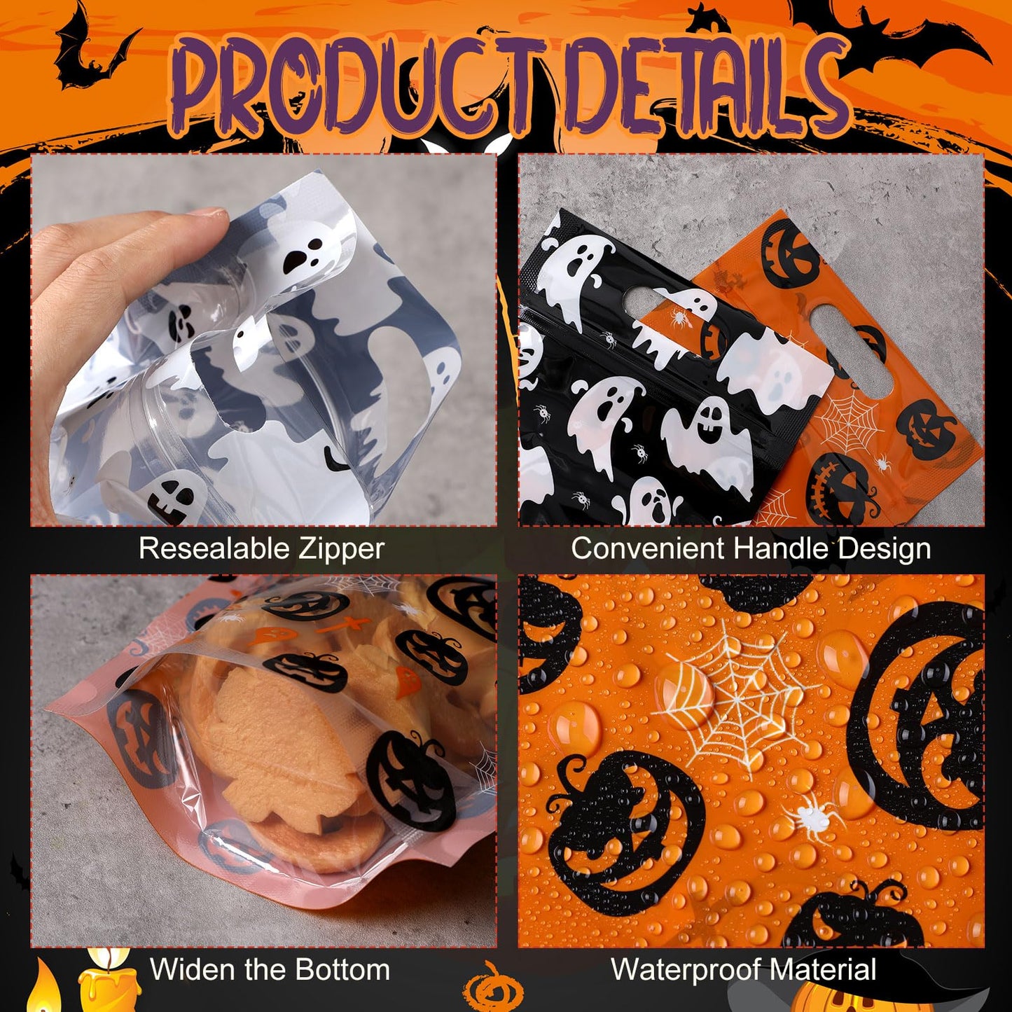 Gersoniel 100 Pcs Plastic Halloween Treat Bags with Handles Treat or Trick Halloween Goodie Gift Bag Resealable Pumpkin Ghost Candy Cellophane Zipper Bags for Gift Wrapping Supplies