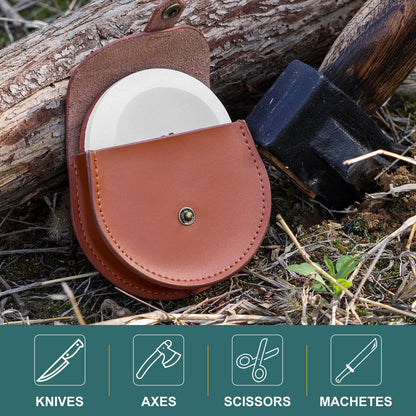 Angerstone Axe Sharpener - Multipurpose Axe/Hatchet Sharpening Stone - Whetstone Blade & Tool Sharpener, Dual Grit 180/320 Sharpening Puck with Leather Sheath