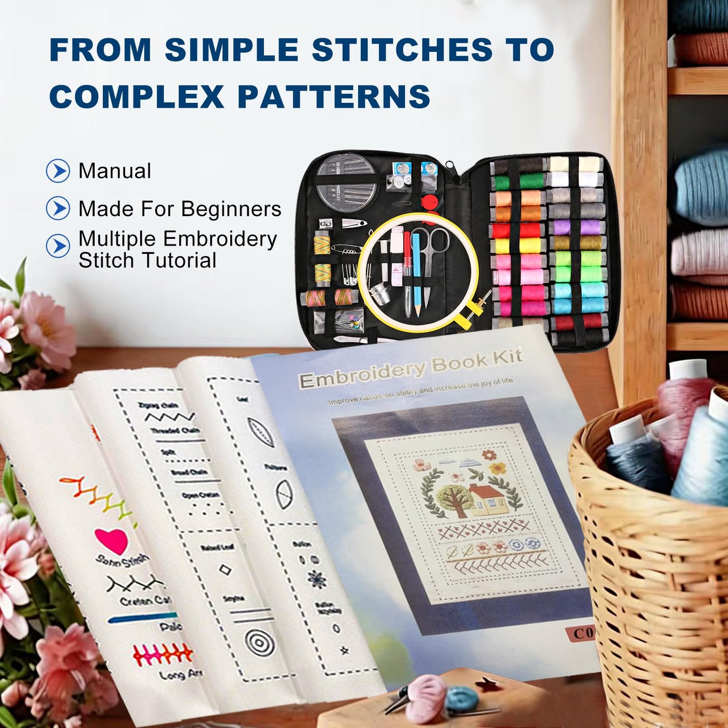 Losaria 100 PCS Complete Embroidery Stitch Kit with Includes Step-by-Step Instructions, Hoops, Threads, Needles & Fabric, All-in-One Portable Starter Set for Adult Beginners & DIY Craft Enthusiasts
