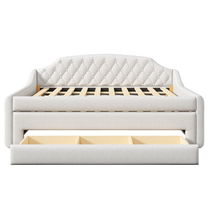 Merax Upholstered Full Size Daybed with LED Lights, Trundle & 3 Drawers, Linen Sofa Bed for Guest Room & Small Spaces, Beige