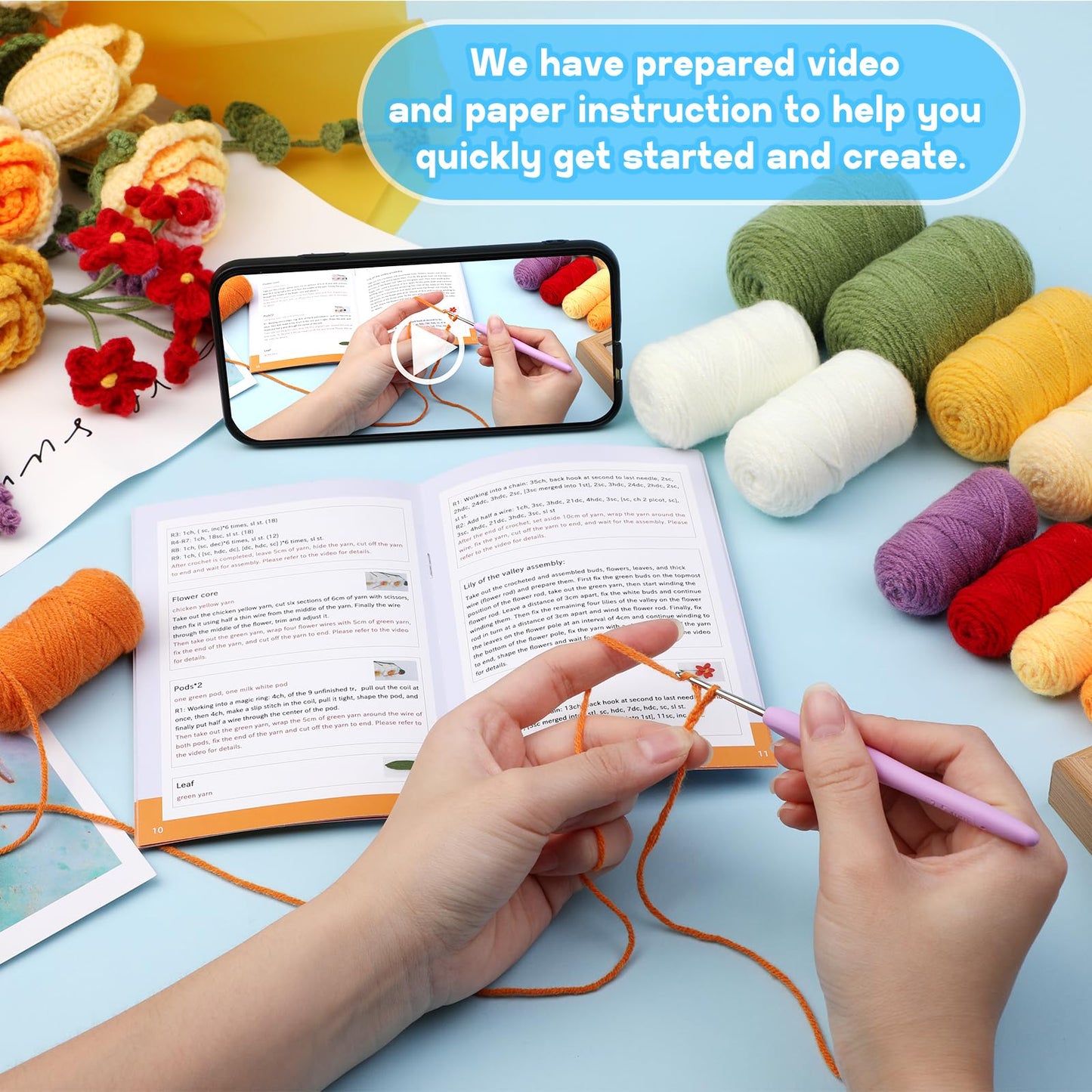 Iuuidu Crochet Kit for Beginners, Flower Bouquet Crochet Kit Rose, Knitting Starter Kit with Crochet Yarn and Step-by-Step Instructions for Birthday, Wedding Anniversary Day Present