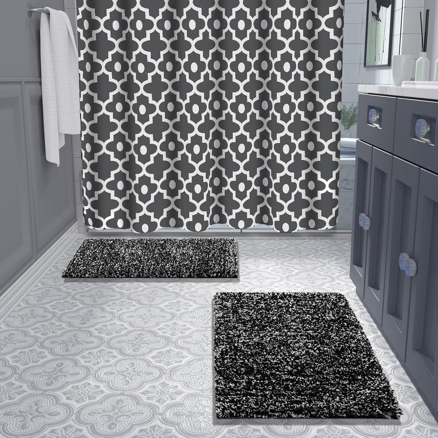 Yimobra Fluffy Bath Rug Set - Shaggy Non-Slip Bathroom Rugs, Machine Washable, 24x17+32x20 Inches, Black and White