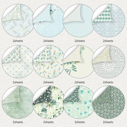 24 Sheets Scrapbook Paper, 12 x 12 Inch Floral Background Decorative Paper, Double Sided Romantic Patterned Scrapbooking Paper, Scrapbooking Supplies for DIY Album Decoupage or Card Making (Green)