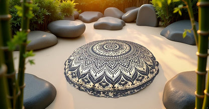 32" Gold Mandala Barmeri Large Floor Pillow Cover - Hippie Decorative Zipped Pouf Ottoman (Gold Black)