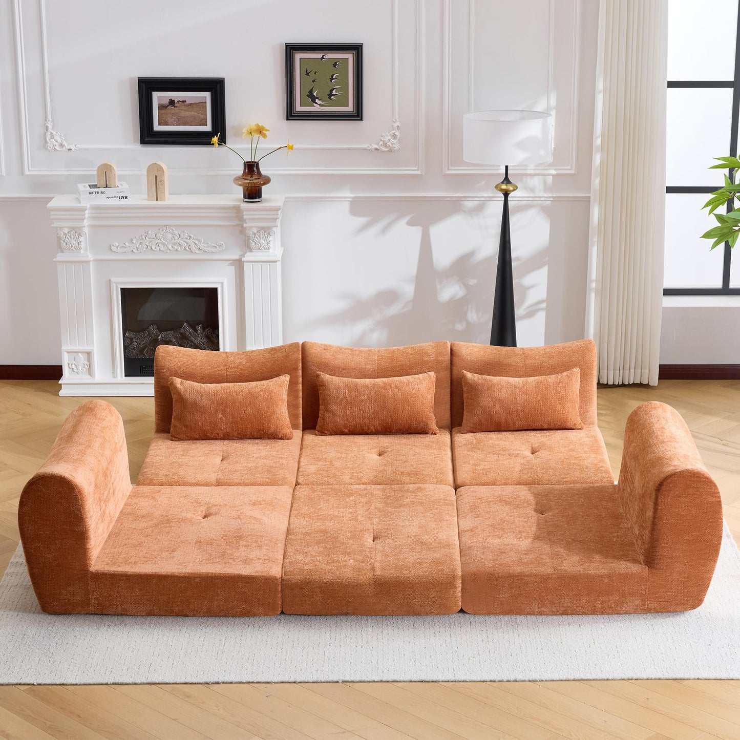 Modular Cloud Sofa, Convertible Folding Sofa Bed, Sectional Cushioned Couch with Flannelette Fabric & High Density Foam, Modern Floor Sofa for Living Room, Bedroom, Apartment, Orange