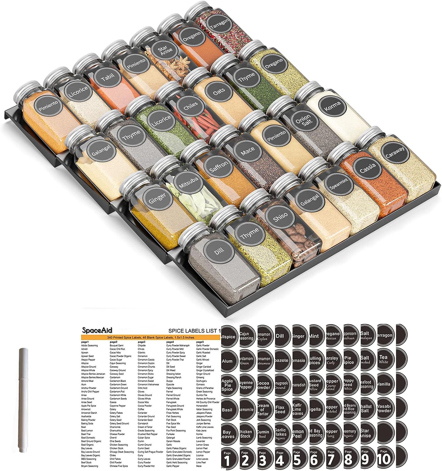 28 386 4 13" 17.5" SpaceAid Spice Drawer Organizer with Spice Jars, Spice Labels, Tier Seasoning Rack Tray Insert