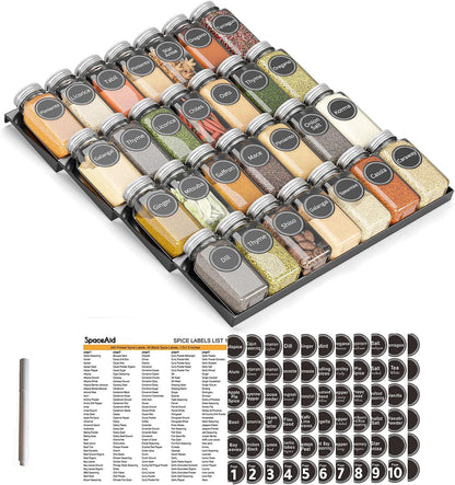 28 386 4 13" 17.5" SpaceAid Spice Drawer Organizer with Spice Jars, Spice Labels, Tier Seasoning Rack Tray Insert