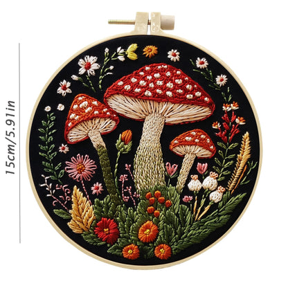 SCECALA 4 Pack Mushroom Embroidery Kit - Botanical Flower Floral Hand Embroidery Kit for Beginners with Pattern, Complete Cross Stitch Supplies DIY Craft for Adults Sewing Hobby, 1pc Hoops
