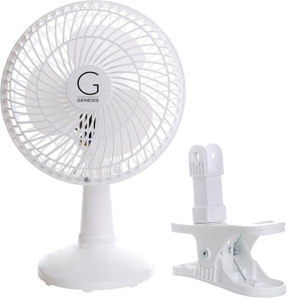 Genesis 6-Inch Clip Fan, Convertible Table-Top & Clip Fan with Two Quiet Speeds, Ideal for Home, Office, White
