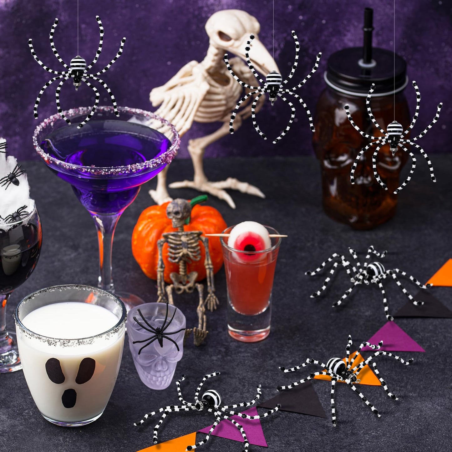 Reallnaive 8 Pcs Black and White Halloween Spider Ornament Beaded Hanging Ornaments Decorations for Halloween Decor Gift