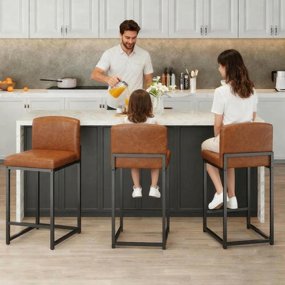 GarveeHome Bar Stools Set of 4, Modern Counter Height Bar Stools with Back and Footrest, Faux Leather Upholstered Barstools Chairs for Kitchen Island Dining Room Bar, Brown