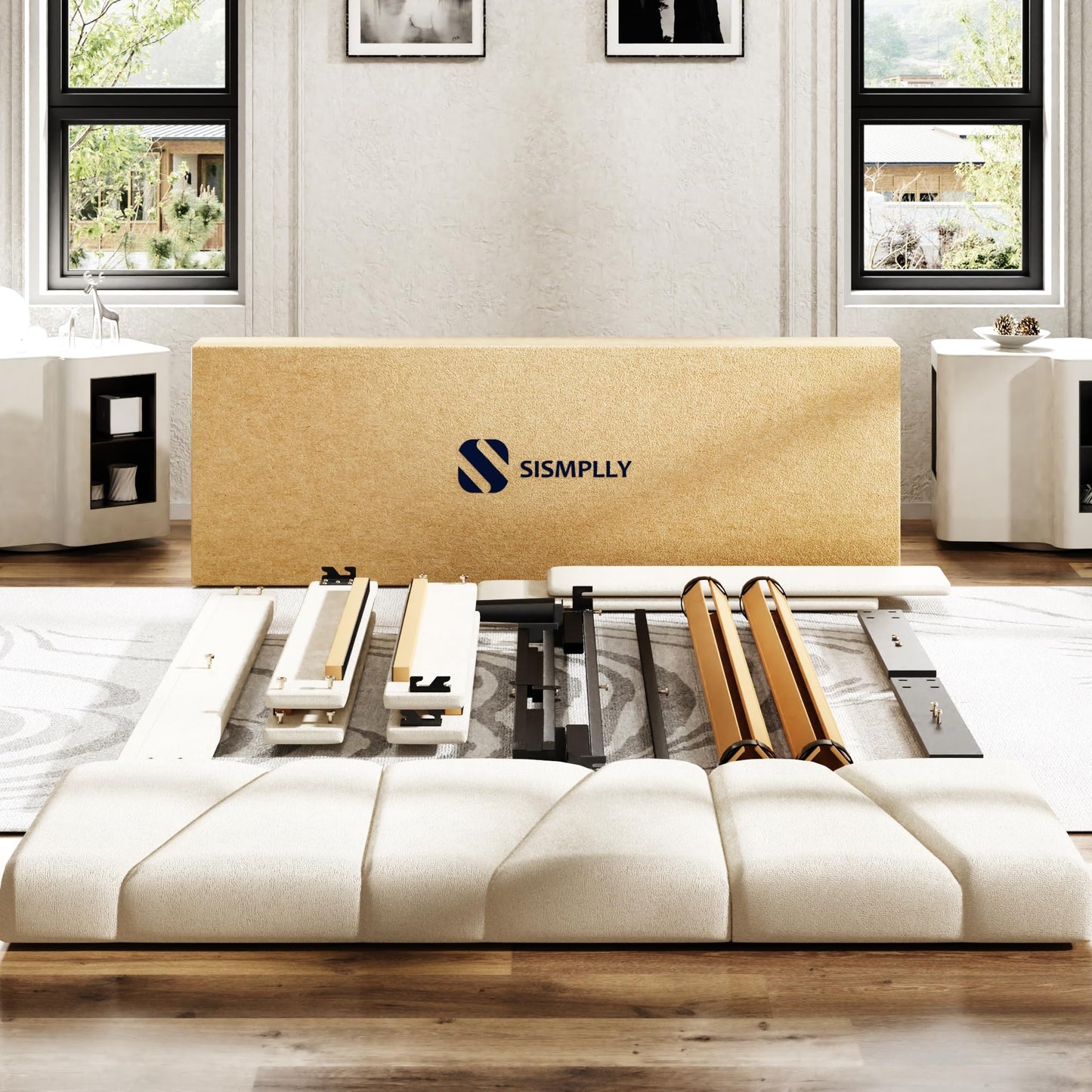King Size Platform Bed Frame with Upholstered Headboard, Wooden Slats Support, Noise Free, No Box Spring Needed, Easy Assembly, Beige, Velvet