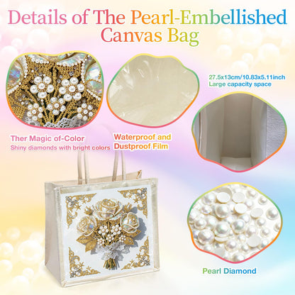 Xylzzuit DIY Pearl Painting Canvas Tote Bag Kit 11.42IN Diamond Art Handbag for Women Shopping Grocery Bag Dots Beads Art Craft Gift (Flower01)